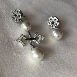 APM Monaco Earrings Asymmetric Cross Silver with Fresh Water Drop Pearls